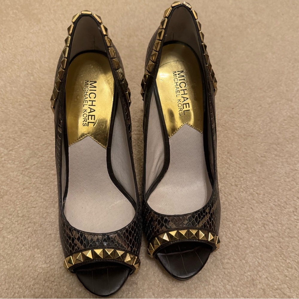 Michael Kors Dark Brown Peep-Toe Heels with Gold Studs